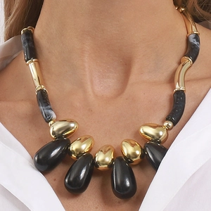 Retro acrylic beaded chunky necklace with gold metal tubes and marble resin segments