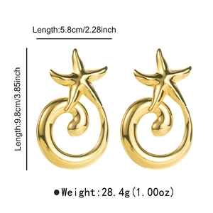 Detail view of gold starfish earrings with spiral rings showing 9.8cm height measurement