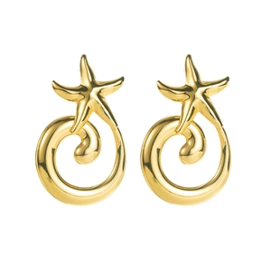 Detailed view of gold starfish spiral earrings with a polished metallic finish on white background