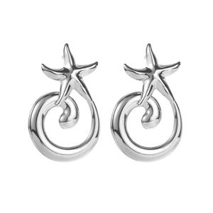 Detailed close-up of silver metallic starfish spiral earrings with ocean wave elements