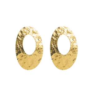 Detailed view of large gold hollow oval earrings with irregular hammered metal texture