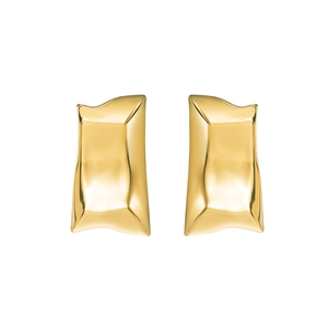 Macro detail of gold irregular geometric earrings with polished crumpled metal texture