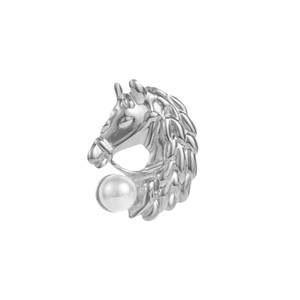 Silver horse head brooch with pearl accent and detailed mane on white background