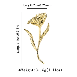 Detail view of vintage golden tulip brooch with dimensions 14cm by 7cm and weight 31.6g