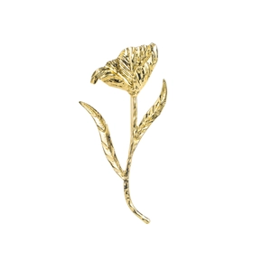 Elegant gold tulip brooch with realistic textured petals and leaves on white background