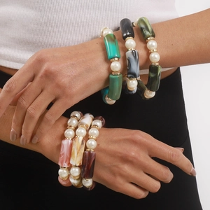 Pulsera de Abalorios de Resina Vintage con Veteado de Mármol Perla Artificial de Imitación Separadores Dorados Joyería Elástica para Mujer