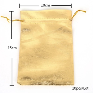 Detail of gold metallic drawstring pouch 10x15cm size for jewelry storage set