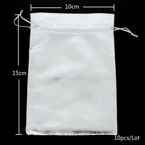 Detail of 10x15cm silver metallic organza gift bags with drawstring closure 10pcs set