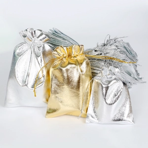 Metallic Texture Drawstring Gift Pouch Gold Silver Shiny Jewelry Packaging Bags For Wedding Party Favors Small Candy Bags