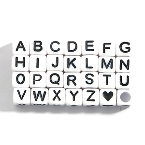 White square acrylic alphabet beads with black letters A-Z and heart for DIY jewelry