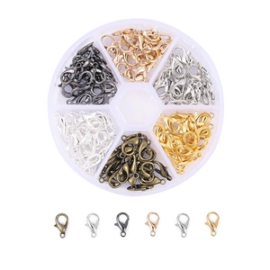 Macro detail of alloy lobster clasps in six metallic colors for DIY jewelry making