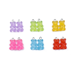 Set of 12 colorful resin gummy bear charms with silver rings for DIY jewelry making