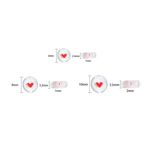 Flat round glass beads with red heart patterns in 6mm, 8mm, and 10mm sizes for DIY jewelry