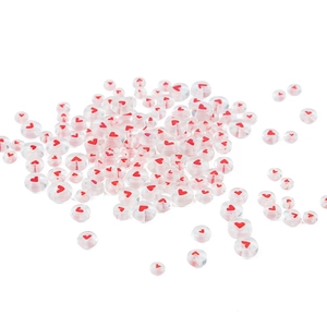 Transparent round glass beads with red heart pattern for DIY handmade jewelry crafting