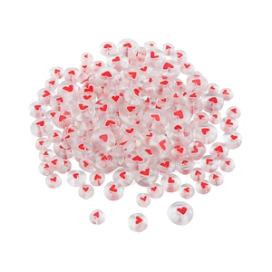 Flat round white glass beads with red heart patterns for DIY bracelet jewelry making