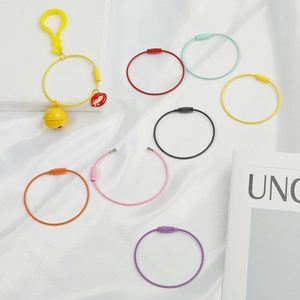 Detail of colorful coated steel wire keychains with secure spiral metal screw connectors