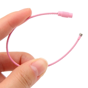 Pink coated stainless steel wire keychain ring with secure screw lock mechanism