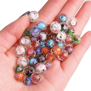 Faceted gold sand lampwork glass beads with floral patterns for DIY jewelry making