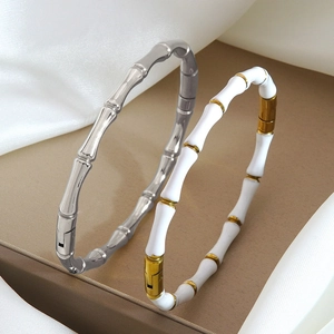 Bracelets en acier inoxydable doré 18k style bambou en argent et émail blanc