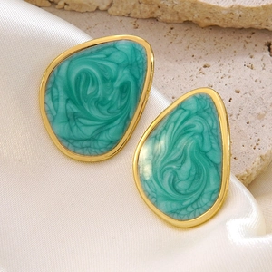 Irregular green enamel geometric gold stainless steel stud earrings on satin