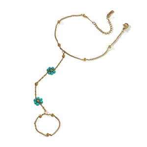 Elegant gold-plated slave bracelet with blue bead daisy flowers and ring attachment