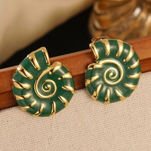 Vintage gold-plated stainless steel shell earrings with deep green enamel finish