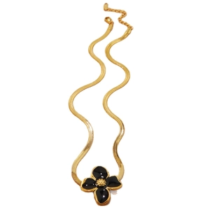 Gold-plated snake chain necklace with black enamel flower pendant and lobster clasp