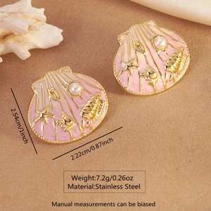 Pink shell stud earrings in gold stainless steel with pearls and sea star charms