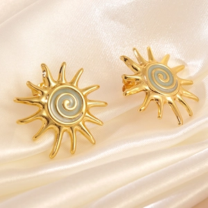 Golden sun turbo stainless steel earrings with light cyan spiral drip oil design