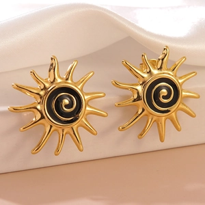 Elegant gold-plated sun-shaped stud earrings with black enamel spiral center