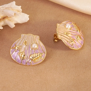 Starfish and seashell earrings in gold with purple enamel and small pearl accents