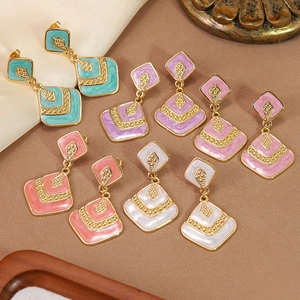Vintage 304 Edelstahl Rhombus Tropfen Ohrringe Für Damen Geometrische Emaille Marmor Textur Gold Überzogen Luxus Schmuck