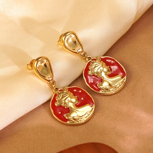 French vintage queen cameo drop earrings with red enamel and gold plating for women