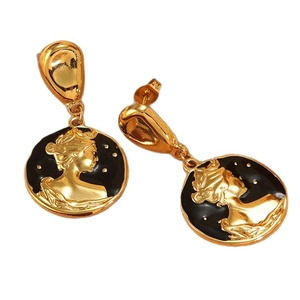 Vintage style 304 stainless steel black enamel cameo earrings with female portrait relief