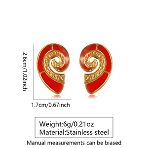 Golden stainless steel spiral conch earrings with red enamel drip and bead accents