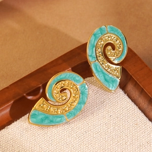 Elegant gold spiral conch earrings with mint green marble enamel in stainless steel