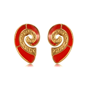 Golden snail-shaped drop earrings with red enamel and beaded texture on white background
