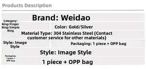 Detailed specifications table for 304 stainless steel rings in gold and silver finishes