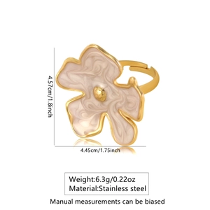 Detail view of large gold stainless steel flower ring with size and weight specs