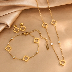 18K Gold Plated Stainless Steel Four Leaf Clover Zirconia Flower Necklace Bracelet And Earrings For Women Party Jewelry