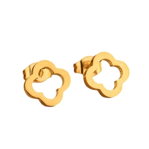 Pendientes de botón en acero inoxidable dorado con diseño de trébol de cuatro hojas