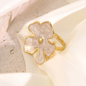 Adjustable golden flower ring with marble white enamel petals and textured metallic finish