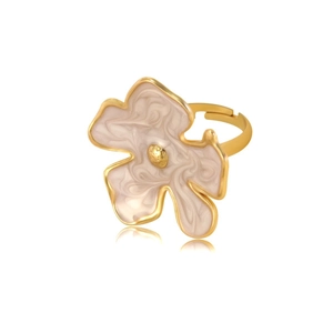 Elegant gold-plated stainless steel flower ring with white enamel petals on white background