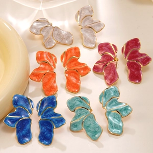 Stainless Steel Floral Petal Stud Earrings With Enamel Drip Abstract Flower Design For Women Party Jewelry Gift