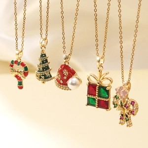 Christmas Stainless Steel Necklace Copper Alloy Enamel Xmas Tree Snowman Pendant Fashion Holiday Jewelry For Women Girls