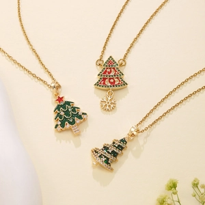 Three elegant Christmas tree pendant necklaces with colorful enamel and sparkling zircon
