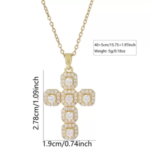 Detailed dimension guide for gold cross necklace with zircon stones and chain measurements