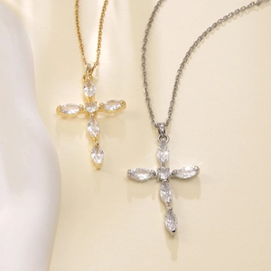 Minimalist stainless steel cross pendant necklaces in gold and silver with marquise zircons