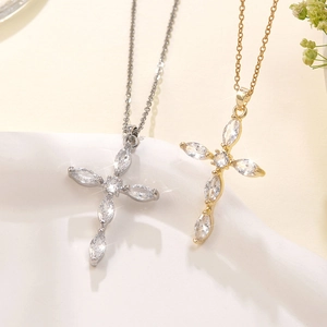 Exquisite cross pendant necklace with marquise-cut cubic zirconia in gold and silver finish