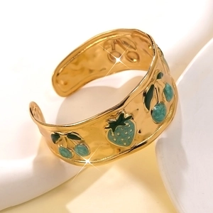 Bracciale rigido dorato in acciaio inossidabile con motivi di fragole e ciliegie